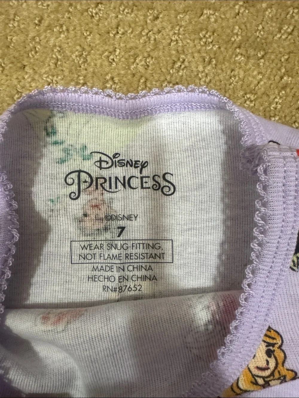 Disney Girls Lavender Princess Print Pajama Set with Pink & Yellow Accents